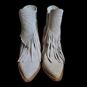 New Free People Lawless Bone Suede Leather Fringe Western Boots Size 7.5